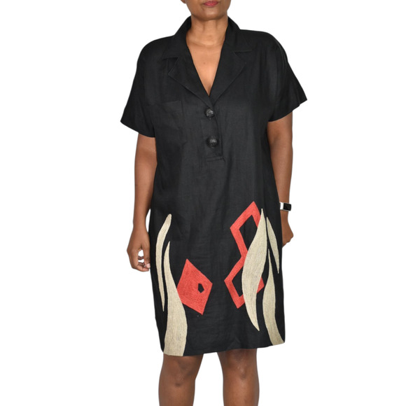 Vintage Andrea Jovine Linen Dress Black Print Abstract Embroidery Cocoon Medium - Picture 15 of 15
